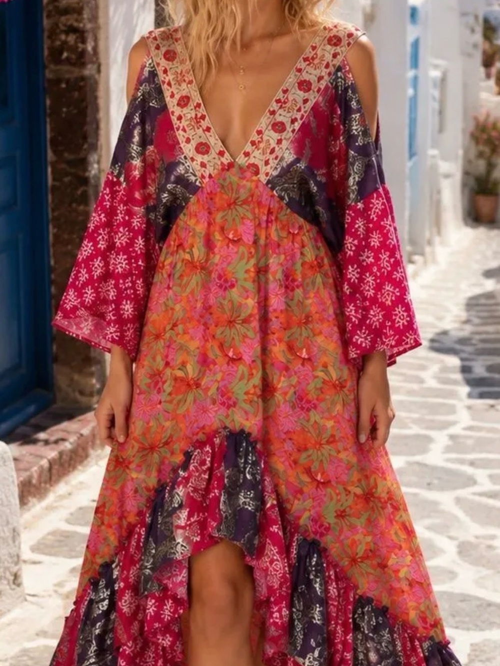 99. FROM EUROPE/Bohemian Floral Cold-Shoulder Maxi Dress in Pink and Orange